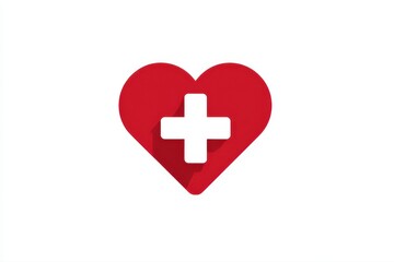 Obraz premium A vibrant red heart icon with a prominent white medical cross symbolizing health, care, and emergency services on a clean white background.
