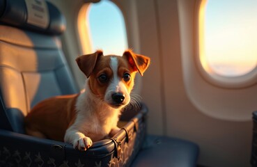 Obraz premium Small dog sits in pet carrier on airplane. Canine travels by aircraft near window during flight. Pet journey happens at sunrise over clouds.