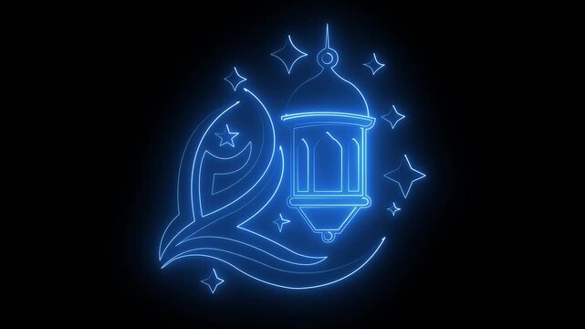 Neon Crescent Moon and Mosque Glow Animation on Dark Background for Islamic Greetings.