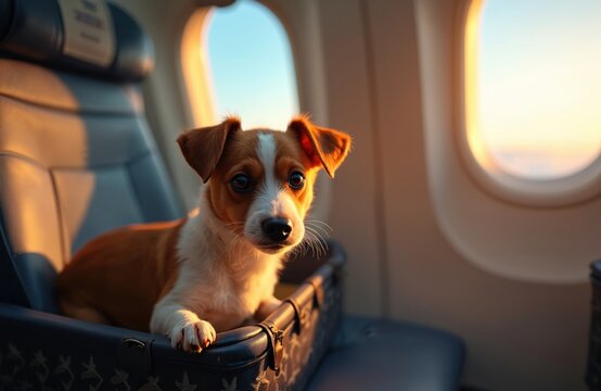 Small dog sits in pet carrier on airplane. Canine travels by aircraft near window during flight. Pet journey happens at sunrise over clouds.