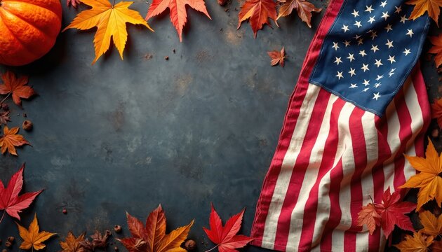 Autumn scene with pumpkin, red and yellow maple leaves, and a draped American flag on a dark textured background. Celebration of Thanksgiving holiday in USA.