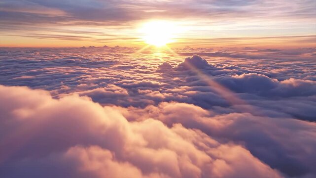 A vibrant sunset over a fluffy cloudscape, with sunbeams piercing through the soft, layered clouds