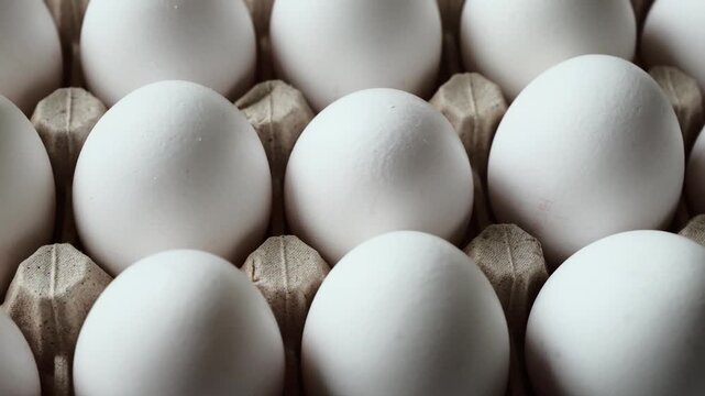 White eggs are arranged in rows on a cardboard tray ready for customers to buy.