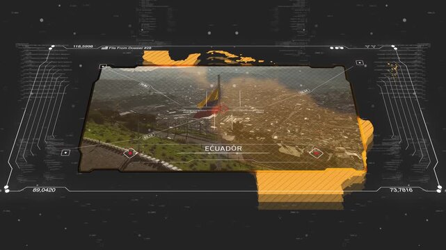 A cinematic intelligence briefing map for piracy. Great for intelligence briefs, secret missions, covert operations.
13 sec clip of a world map of Ecuador. 30fps
4k