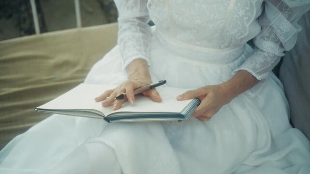 Woman Writing On Bench. Thoughtful Woman Documenting Memories On Outdoor Bench Surrounded By Lush Foliage