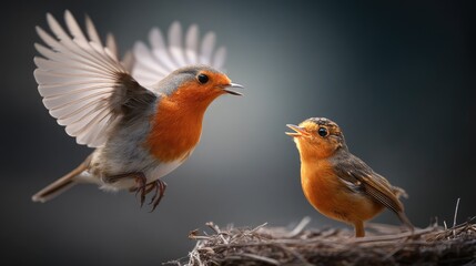 Charming Scene of Two Vibrant Birds in a Nest, One Singing Joyfully While the Other Listens with Anticipation in Soft Natural Light