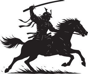 A dramatic silhouette of a samurai on horseback, sword raised high, depicted in a dynamic pose, conveying a sense of action and bravery, ideal for use in design projects requiring a bold, heroic theme
