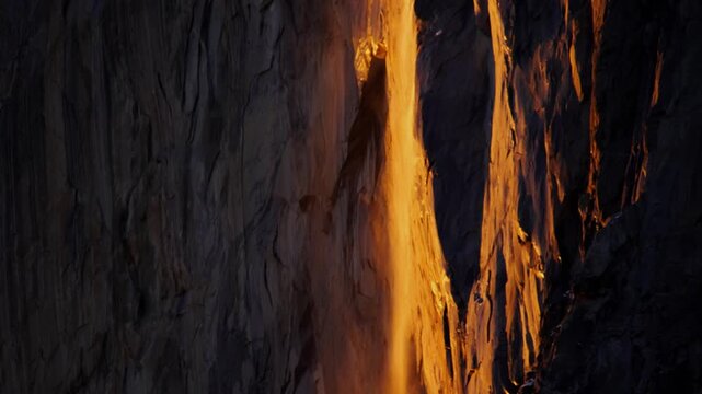 Close tilt up of firefall event in Yosemite National Park's Horsetail Falls.