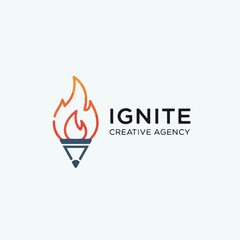 Stylized flame and pencil icon logo, with text on a light background