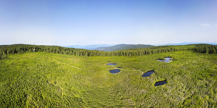 Aerial view of dark, tranquil pools punctuate a vibrant green landscape, nestled among dense forests under a vast, serene sky, Rogla, Slovenia.