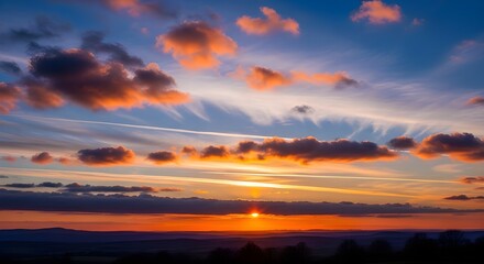 Obraz premium A serene landscape of a sunset with vibrant clouds in the sky