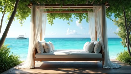 Fototapeta premium Outdoor cabana with daybed offers ocean view. White curtains frame turquoise water, clear sky, and distant boat. Lush green trees surround private deck.