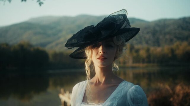 Traveler Wears Sunhat. Casual Explorer Adjusting Her Hat Amid Glowing Sunshine On Gentle Grassy Slope