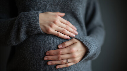 Ai Pregnant person gently holds their belly while wearing a gray sweater in a simple setting with soft lighting