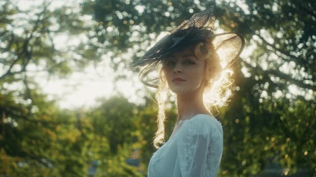 Backlit Woman Wearing Vintage Clothing In Nature. Serene Scene Of Lady In Classic Dress Under Sunlight