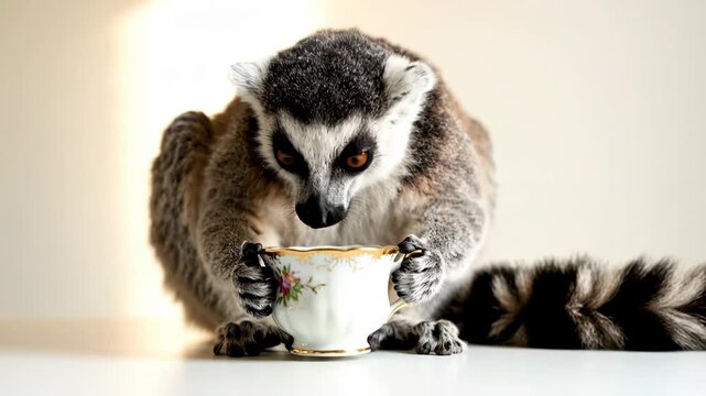 Close-up of a cute lemur with striking facial features eating from a bowl