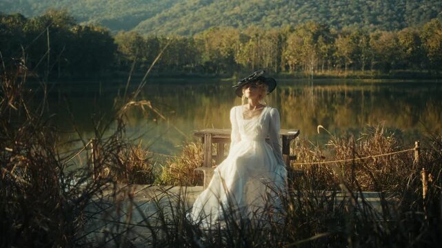 Refined Woman Standing On Peaceful Dockside. Quiet Woman In White Gazing Over Shimmering Lake Surface