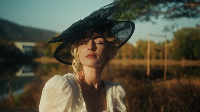 Traveler Wears Sunhat. Casual Explorer Adjusting Her Hat Amid Glowing Sunshine On Gentle Grassy Slope