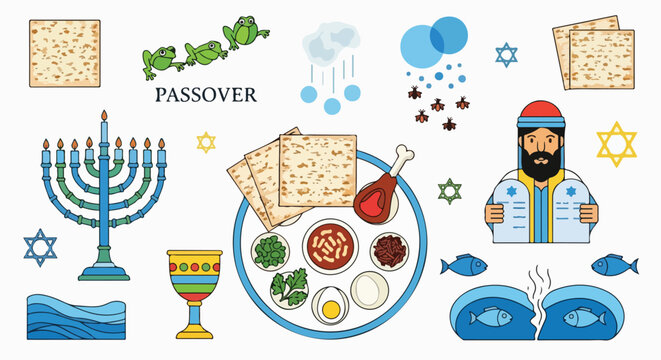 A colorful illustration with various symbols and food items