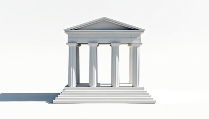 Fototapeta premium White classical building facade. Four tall columns support triangular roof. Wide stairs lead up to structure entrance. Clean minimalist design.