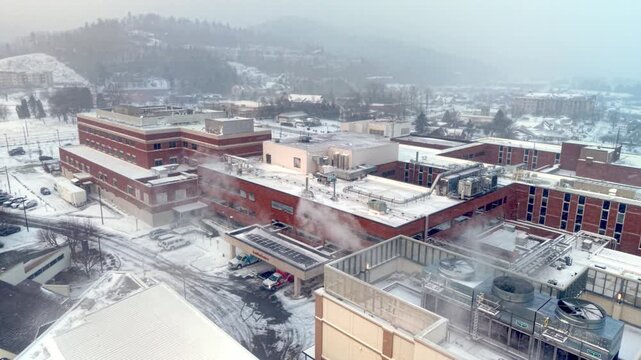 aerial pullout in the snow and cold at the watauga medical center in boone nc, north carolina