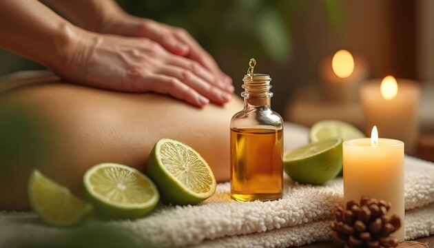 Hands massage with oil beside limes and candles. Spa therapy with citrus and scented wax for wellness. Relaxing body treatment with natural for peace.