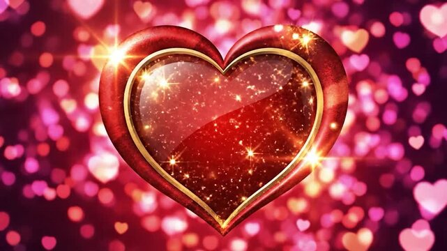 A sparkling red heart with a golden border shines brightly against a bokeh