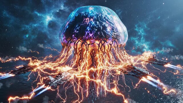 Giant Bioluminescent Jellyfish Creature Floats in Deep Space Surrounded by Spaceships Amidst Cosmic Nebula