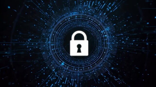 Glowing blue padlock icon with binary code on dark background