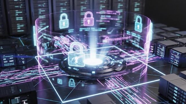 Cyber Fortress: This digital scene showcases an impregnable cyber fortress, an abstract representation of data security, with glowing padlocks and secure data flow.