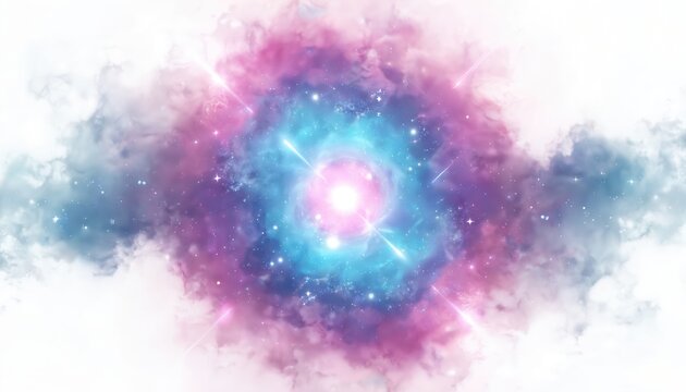 Colorful nebula explosion with stars and light streaks. Cosmic clouds in pink, blue, and cyan hues swirl around bright center. Abstract background for science, fantasy, and art.