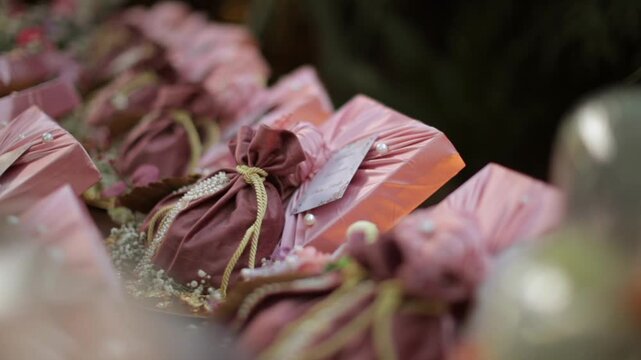 A Slow Motion Shot of Gifts and Hampers at an Indian Wedding Venue in India