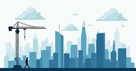 Obraz premium City skyline with construction crane and buildings. A lone man walks in silhouette near the crane. Urban development, growth, and modernization are central themes.