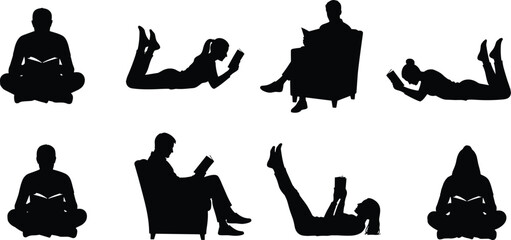 Black silhouettes of people reading books in various poses sitting on chairs and lying down isolated on white background vector © Sobuz