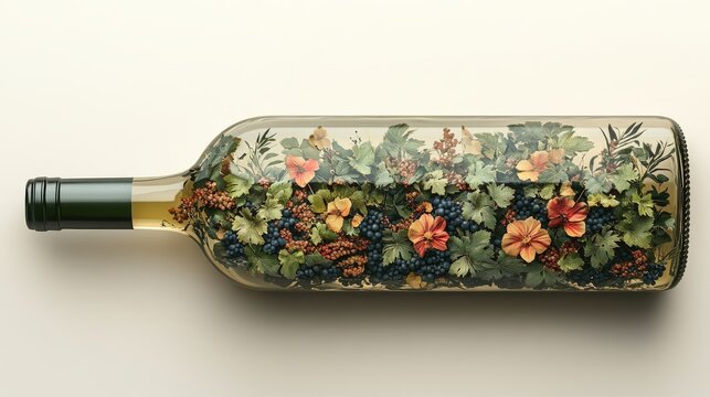 A horizontal wine bottle filled with an intricate arrangement of blooming flowers, green leaves, and dark grapes, representing organic viticulture and natural flavors.