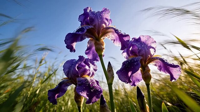 Purple iris flowers with water drops in green grass field