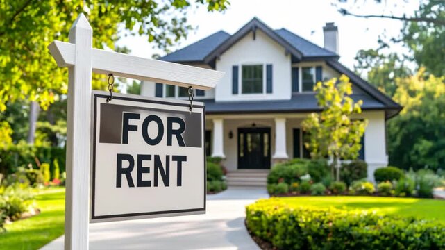 Modern suburban family home with white exterior and for rent sign on green lawn in bright daylight