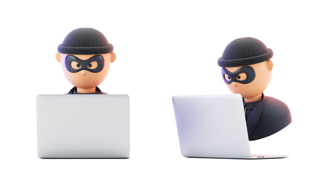 Two cartoon cyber criminals wearing masks and beanies working on laptops, digital hacking concept on white background. 3D Rendering