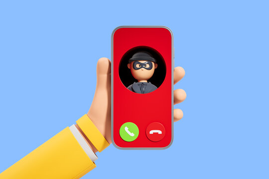 3D cartoon hand holding smartphone showing scammer call alert with masked thief icon on red screen, concept of phone fraud awareness and security alert. 3D Rendering