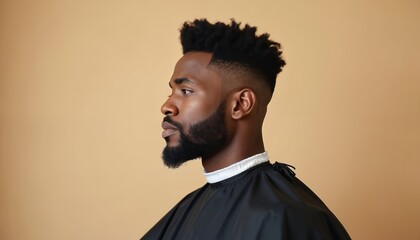 Obraz premium Black man with stylish high top fade haircut and beard wears barber cape. He has a relaxed look in a modern, upscale barber shop, ready for grooming. Male beauty and fashion.
