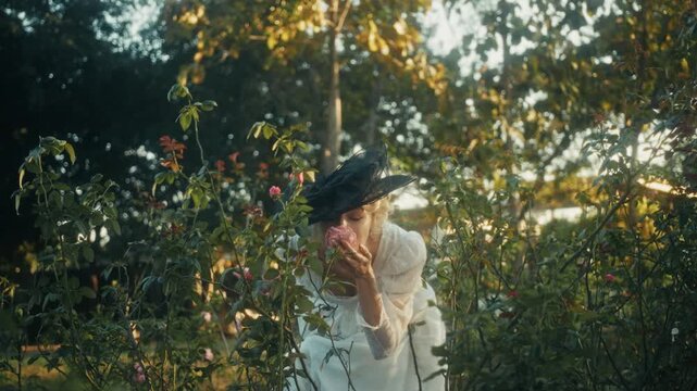 Lady Tending Vibrant Roses In Garden. Graceful Woman Caring For Blooming Roses Under Gentle Sunlight