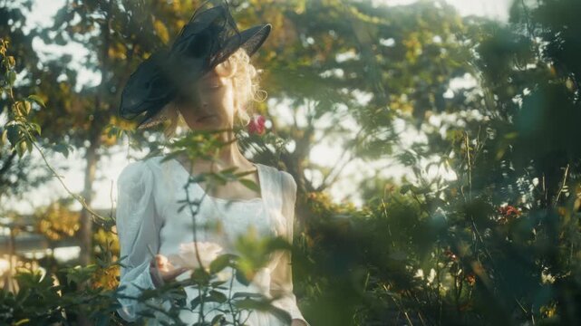 Lady Tending Vibrant Roses In Garden. Graceful Woman Caring For Blooming Roses Under Gentle Sunlight