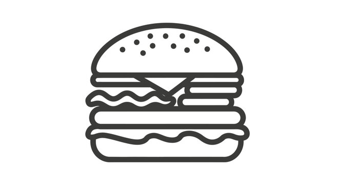 Hamburger line art icon. Simple outline vector graphic of a classic burger with bun, patty, cheese, and fresh vegetables. Fast food symbol.