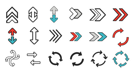 Diverse collection of arrow icons in various styles and colors including direction, refresh, and cycle symbols for navigation and interface design.