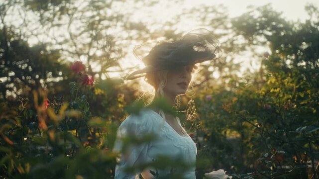 Lady Tending Vibrant Roses In Garden. Graceful Woman Caring For Blooming Roses Under Gentle Sunlight