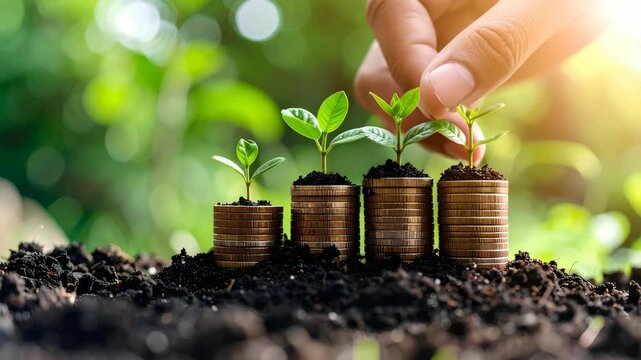 Human hand touching small green plants growing from stacks of gold coins in dark fertile soil