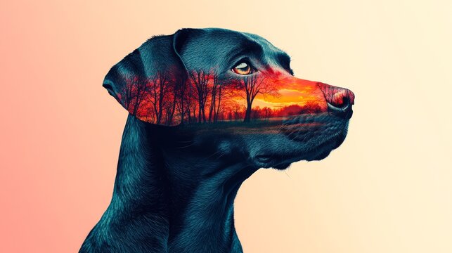 creative double-exposure profile of a dark dog merged with a fiery orange sunset and forest silhouettes. The artwork sits against a clean, warm peach-to-white gradient background.