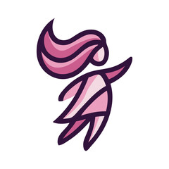 Logotipo de boutique de moda femenina. Dibujo abstracto con líneas de una chica joven de pie con un vestido color violeta, vista de perfil  © teracreonte