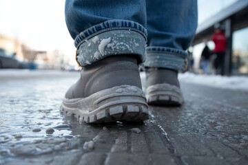 Boot stepping on icy street surface. winter slip fall risk