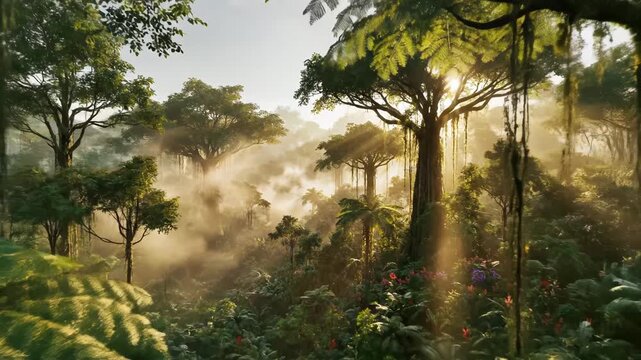 Sunlight filtering through dense jungle foliage
